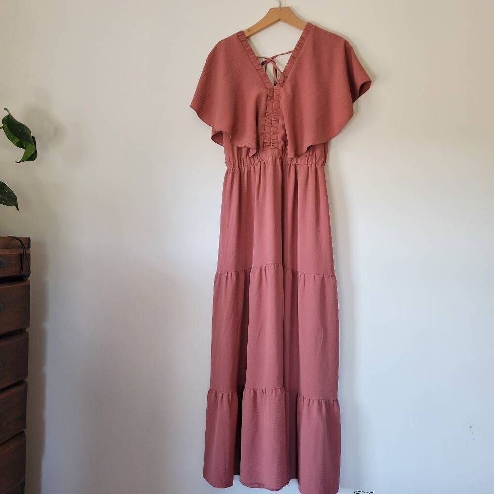 Simplee Dusty Rose Flutter Sleeve Tiered Maxi Dress Women’s Size S